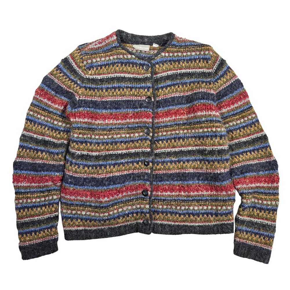 Croft & Barrow Womens Medium Fair Isle Striped Wool Blend Cardigan Sweater